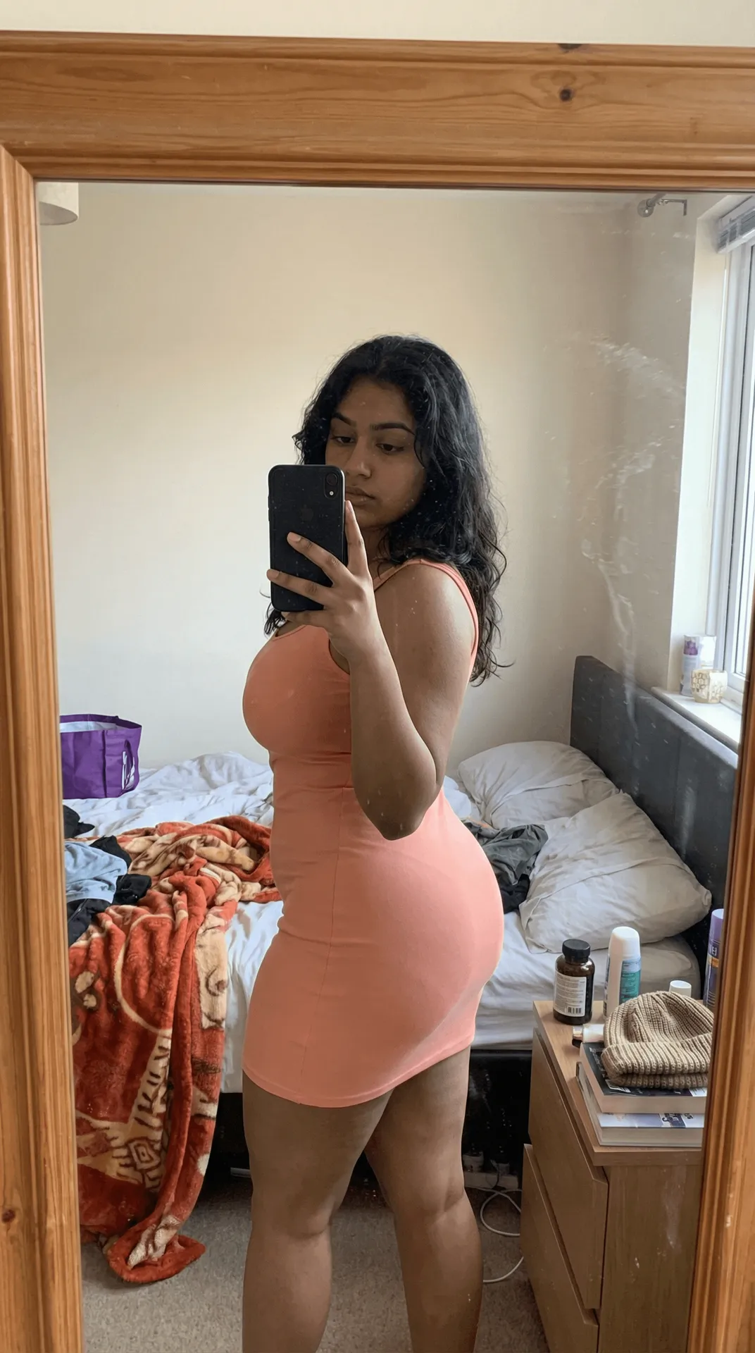 Peach Mini Dress Mirror Selfie Bedroom Scene