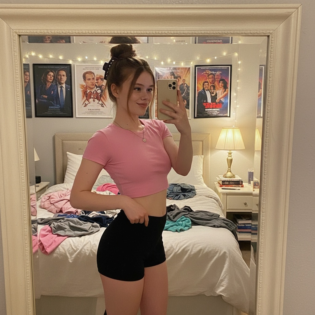 A playful full-body mirror selfie of a young woman in a pink baby tee and black shorts, posing with a smartphone.
