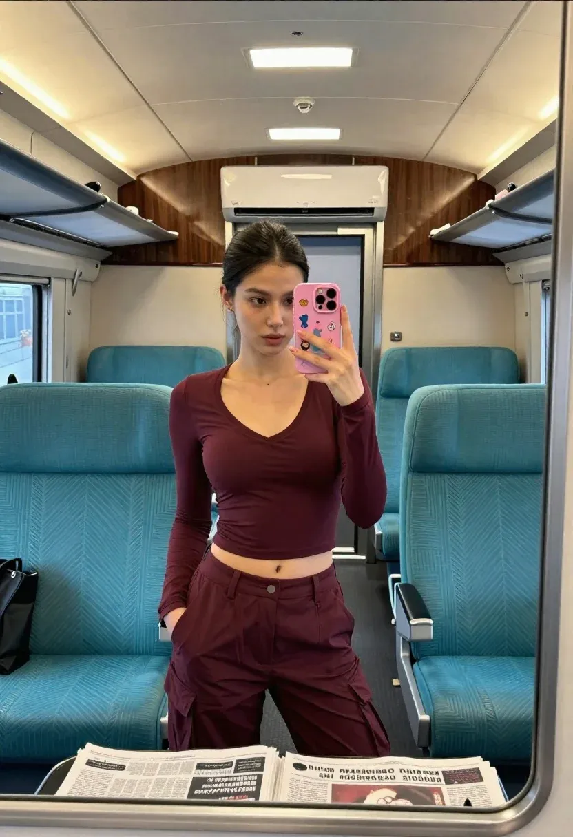 Woman Takes Mirror Selfie Inside Modern Train Cabin While Holding