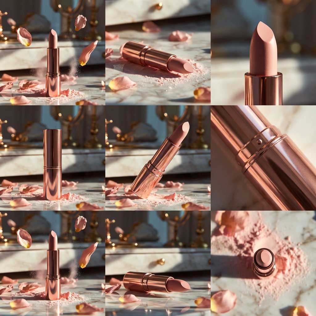 Elegant rose gold lipstick upright on a reflective marble surface with flying rose petals.