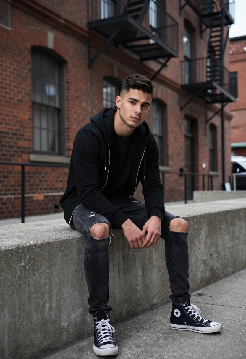 Photorealistic Portrait Young Man Sitting Concrete Barrier Urban Alleyway Subject reference photo