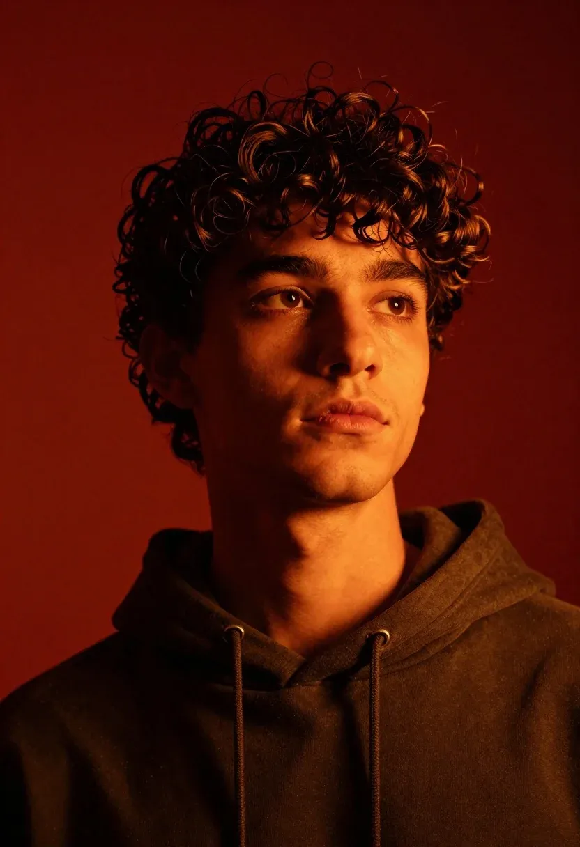 Portrait Young Man With Curly Dark Hair Gazing Upward Against