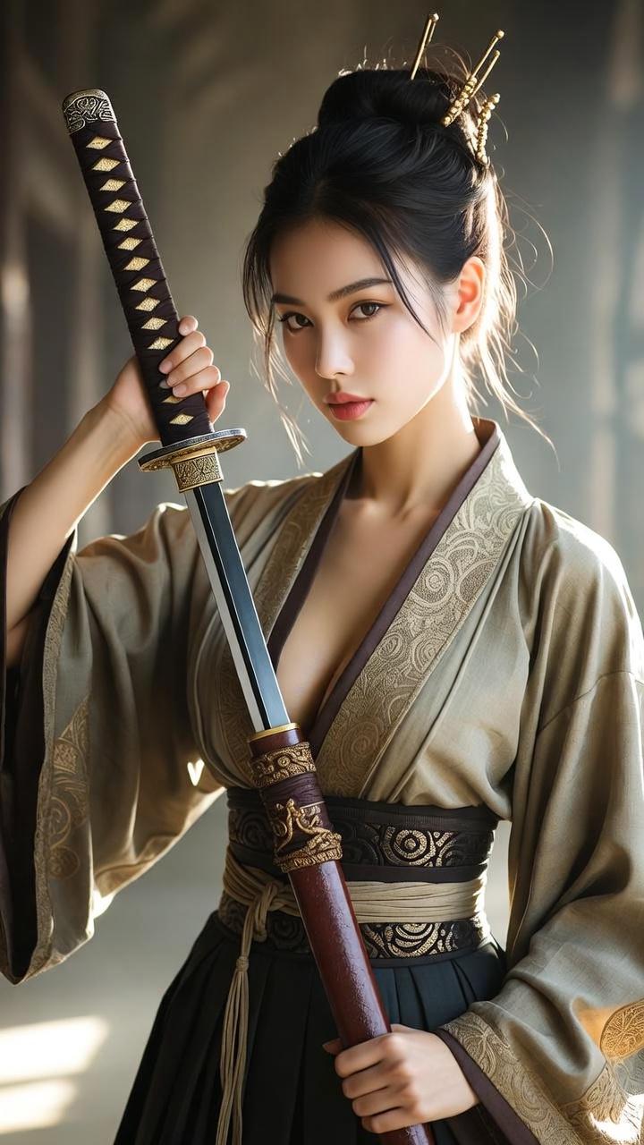 Samurai Warrior In Gold Embroidered Robe Katana Pose
