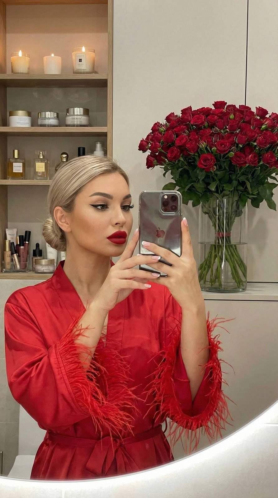 A woman in a red satin robe taking a mirror selfie, playful feathers adorn her sleeves while she gazes confidently.