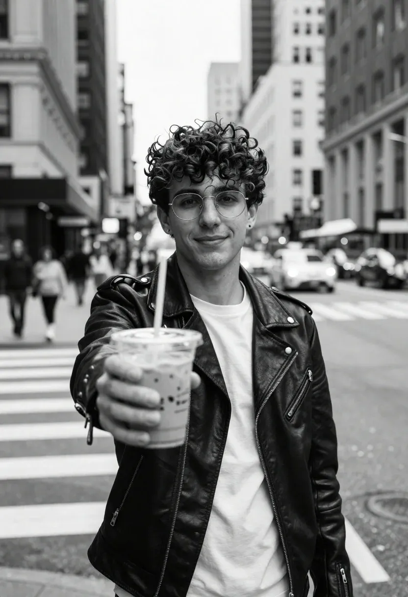 Young Man With Curly Hair And Glasses Stands City Street
