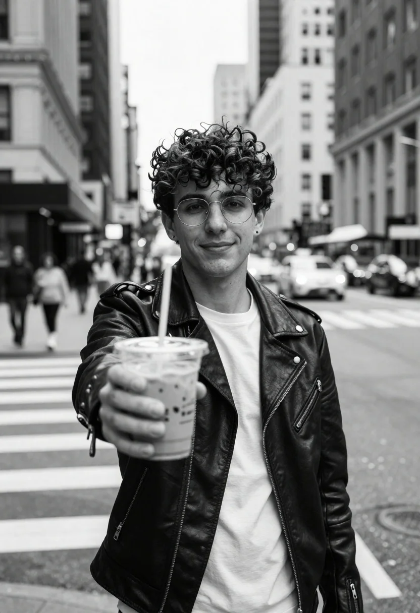 Young Man With Curly Hair And Glasses Stands City Street