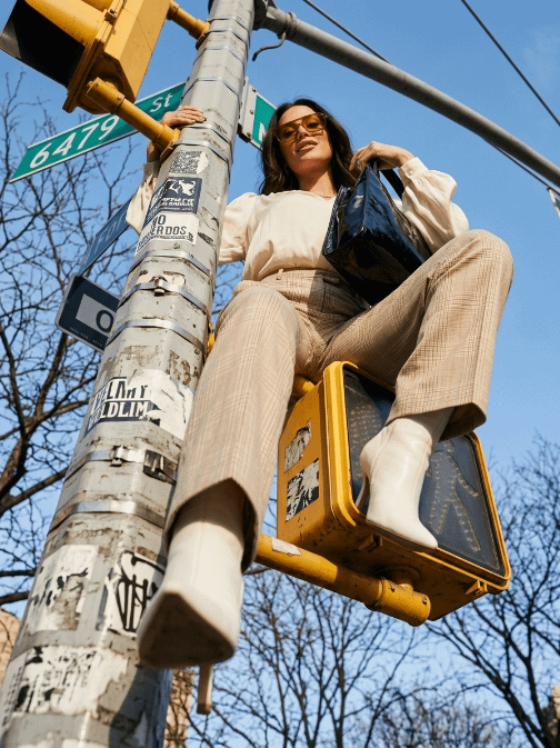 Street Fashion Portrait Low Angle Traffic Light Pole
