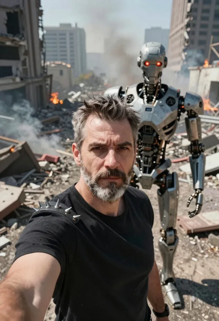 Photorealistic Selfie Middle-aged Man With Graying Hair And Beard Post-apocalyptic