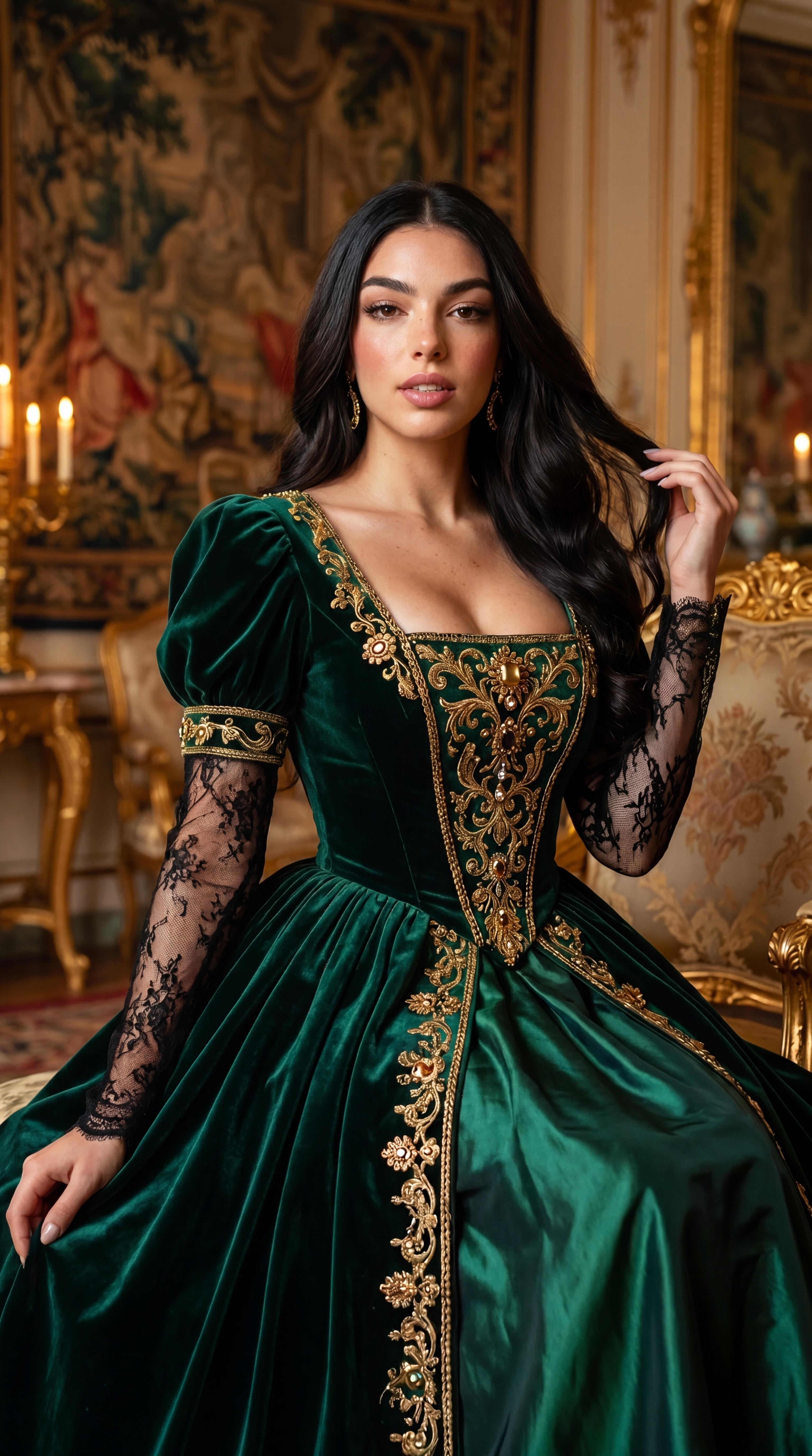 Emerald Velvet Gown Historic Interior Candelabra Lit