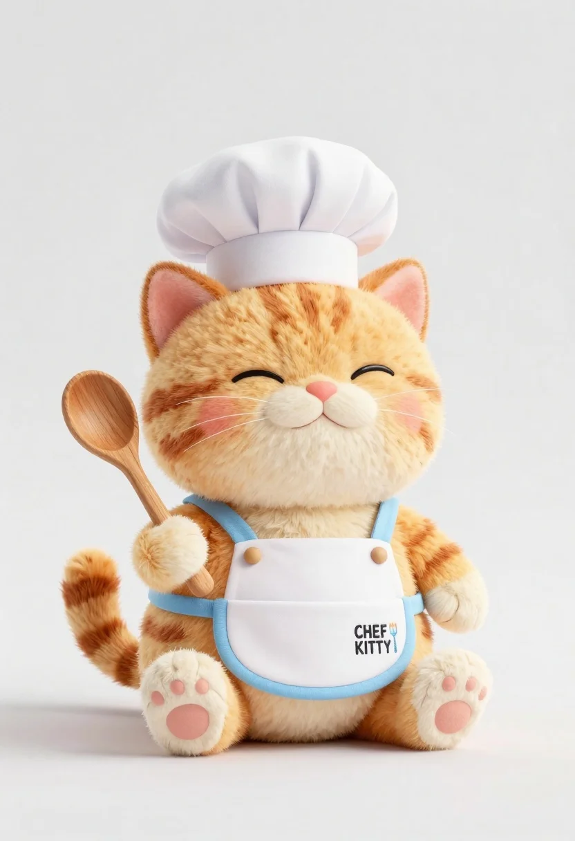 Cute Chubby Orange Tabby Cat Plush Toy Dressed Chef Sits