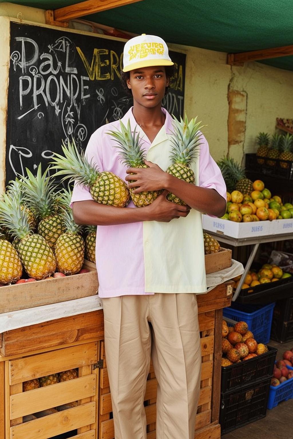 Explore Young Stands Facing Holding Two Pineapples