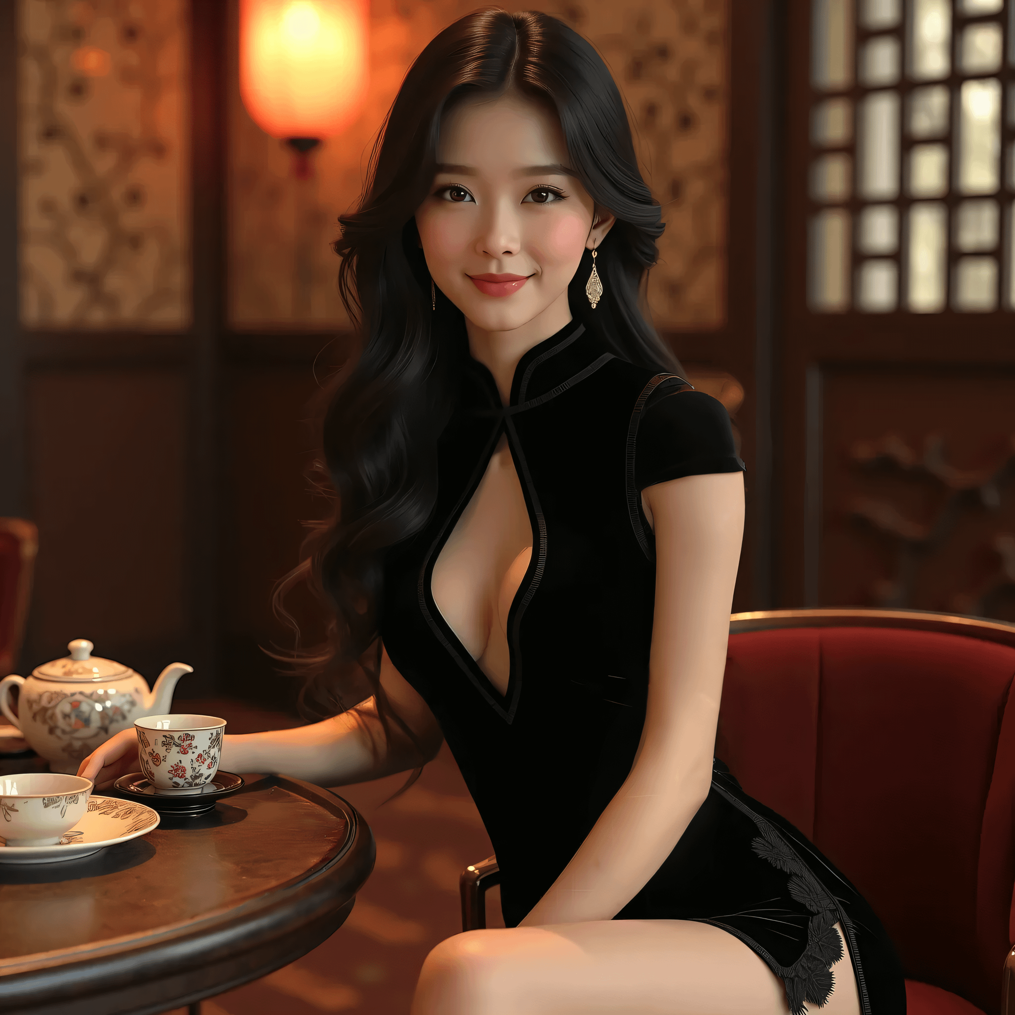 Black Cheongsam At Wooden Table With Teapot