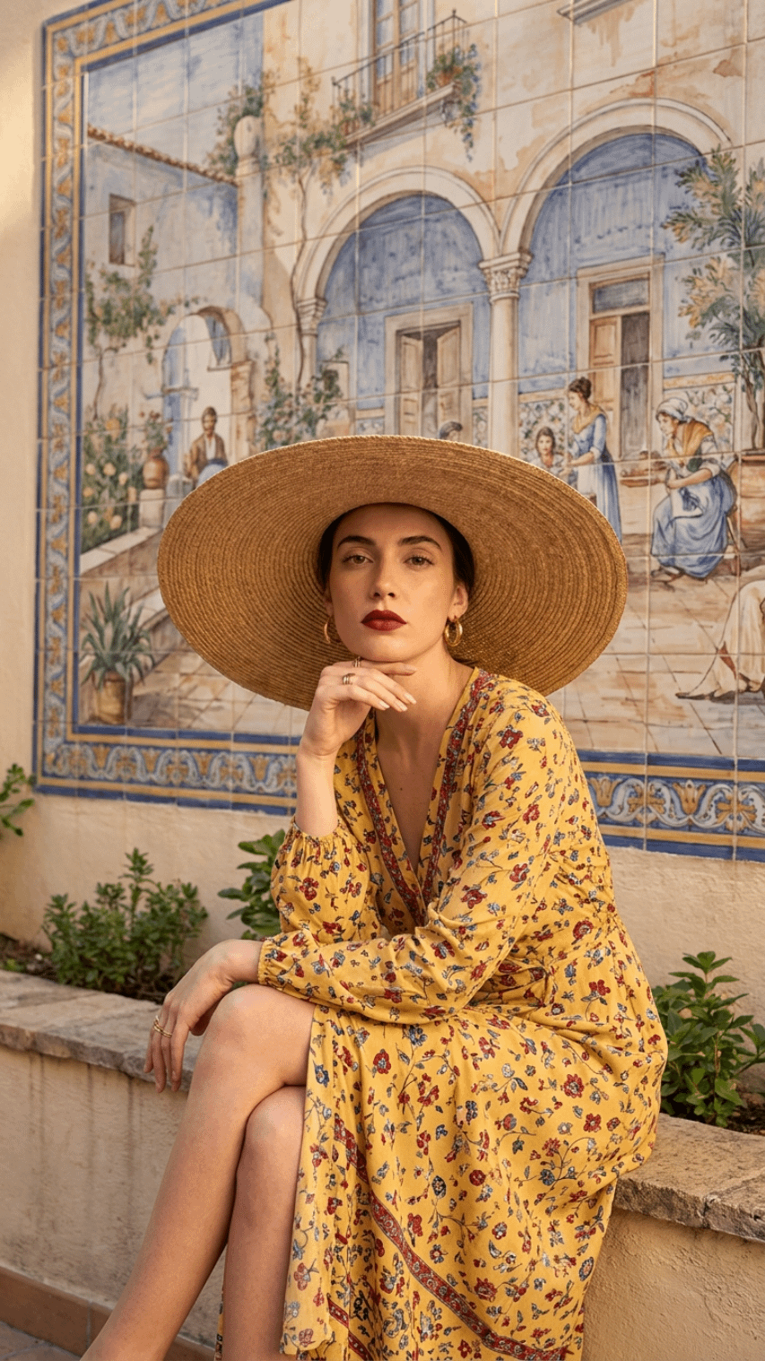 Yellow Floral Dress Straw Hat Seated Courtyard Tile Mural