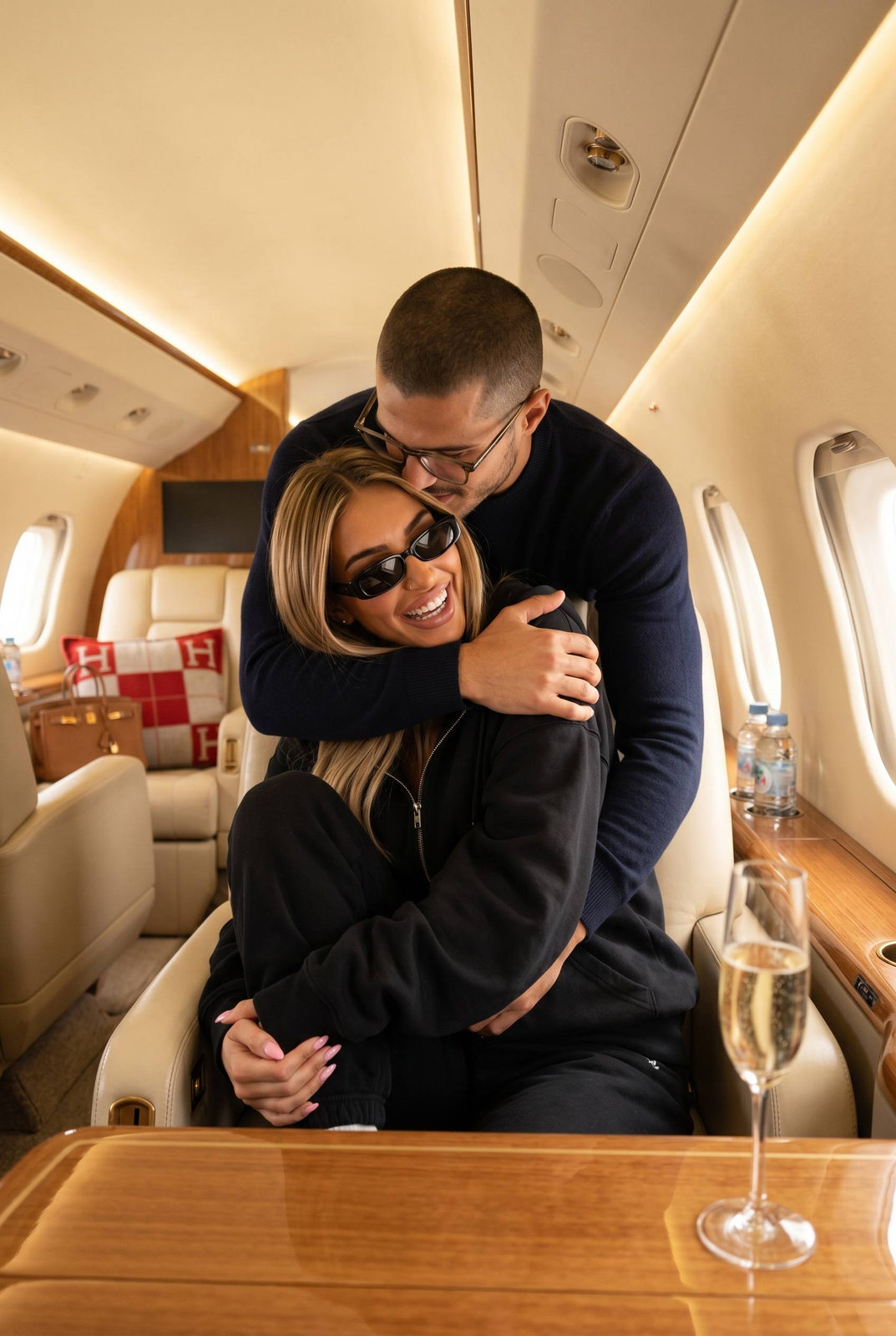 A couple hugging inside a luxurious private jet, with cream leather seats and warm lighting, highlighted by a tall champagne flute.