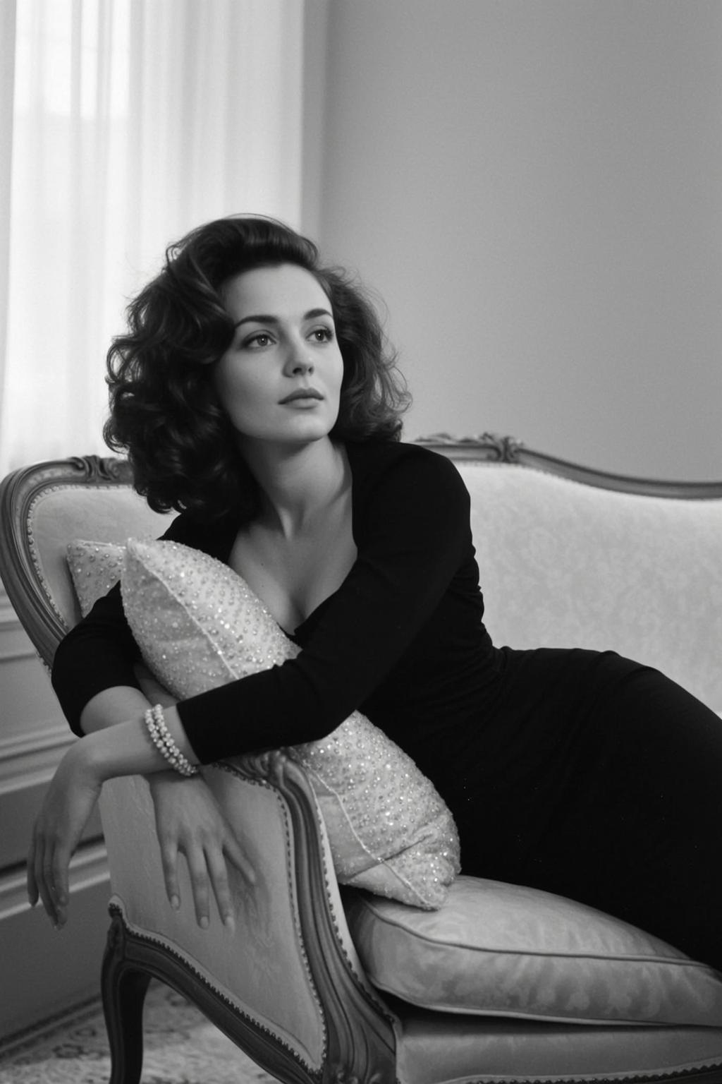 Black And White Medium Shot Portrait Woman With Dark Voluminous