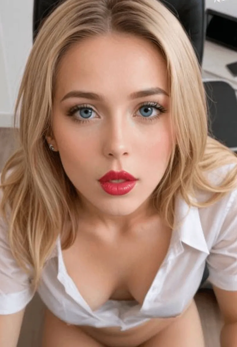 Face With Red Lipstick Blurred Office Background
