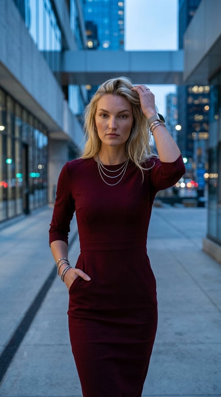 A woman in a dark burgundy midi dress poses on a city walkway, skyscrapers in the background, exuding elegance.