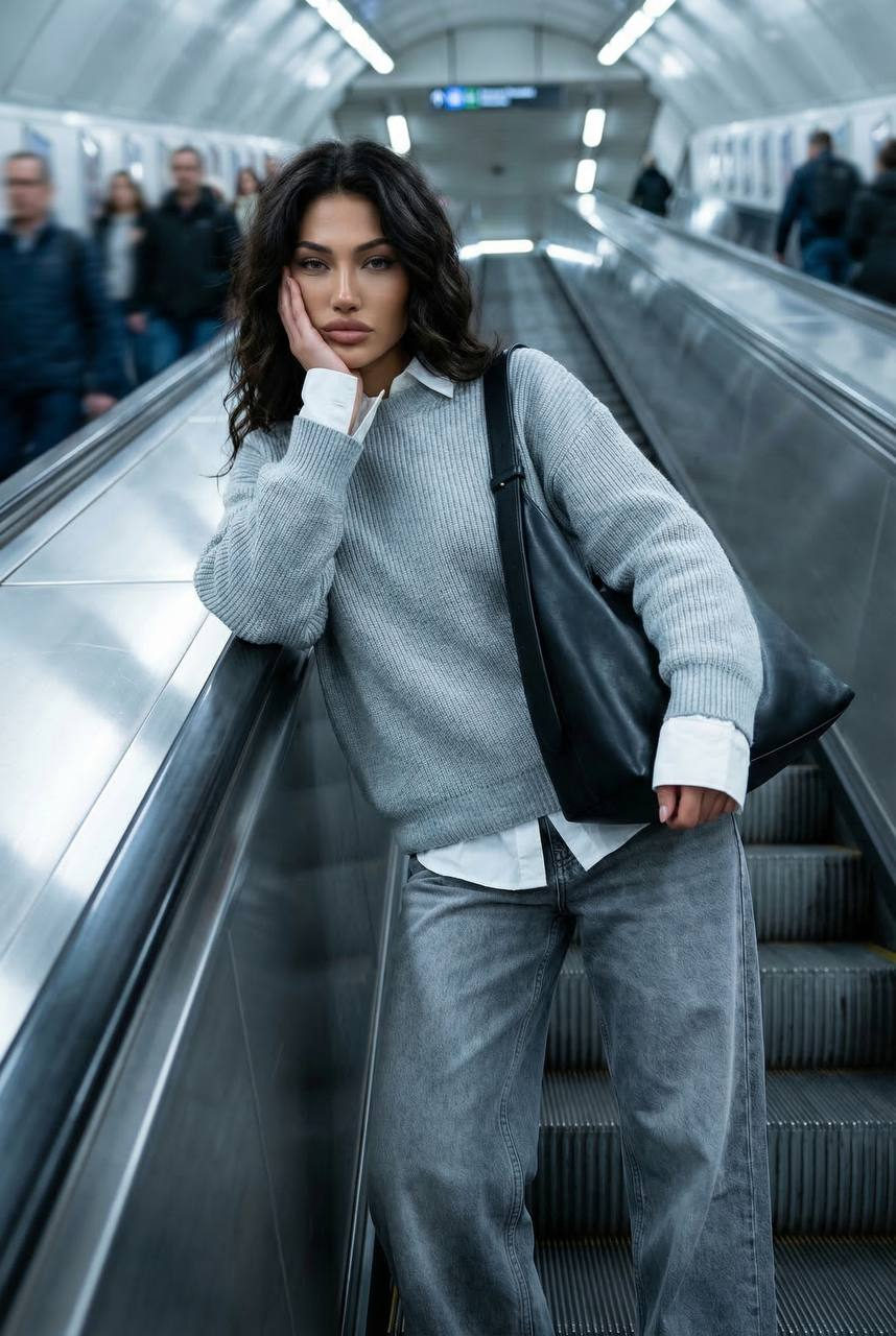 A woman in a grey knit sweater leans on a subway escalator, with blurred commuters and metallic surfaces in the background.