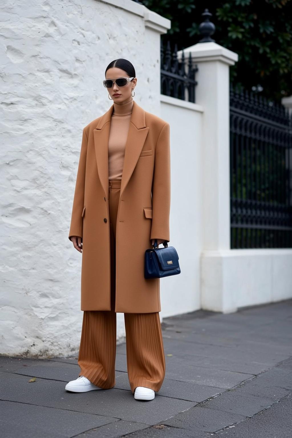 Tan Turtleneck Wide Leg Pants Street Style