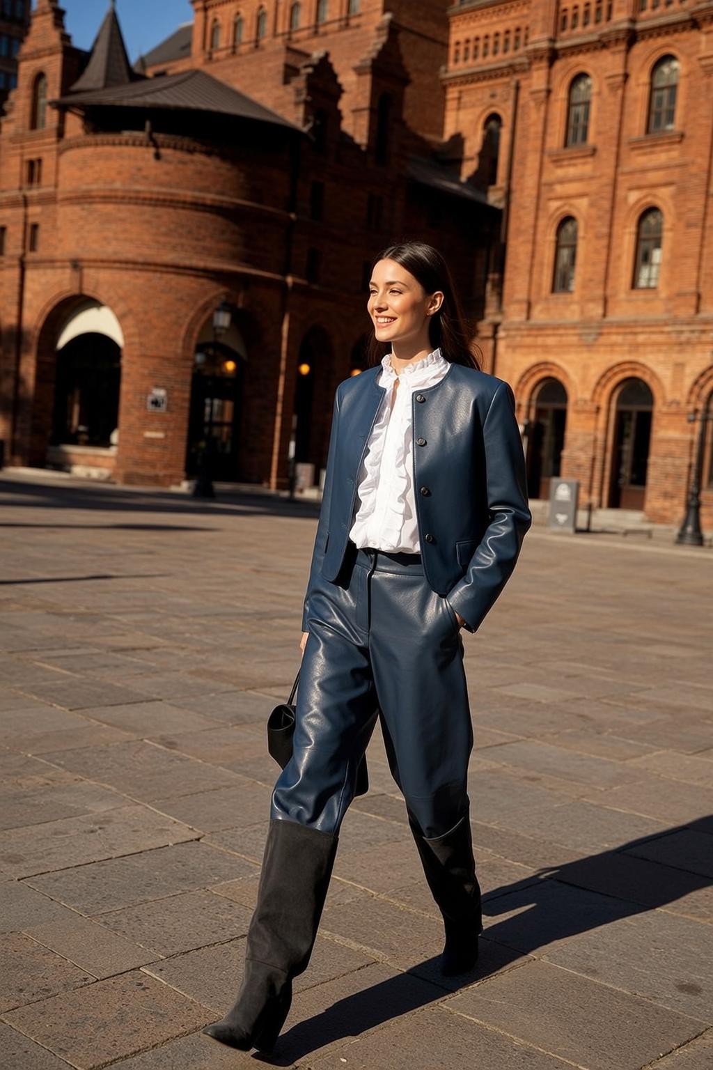 Walking Plaza White Shirt Navy Leather Pants