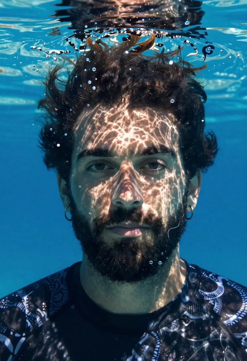 Underwater Portrait Man Looking Directly The Camera Subject Bearded Male