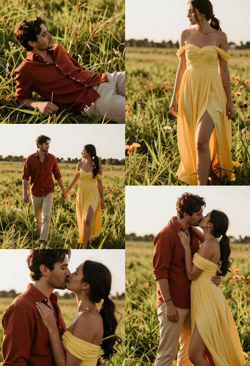 A young couple in a sun-drenched grassy field during golden hour, embracing while kissing with a dreamy background.
