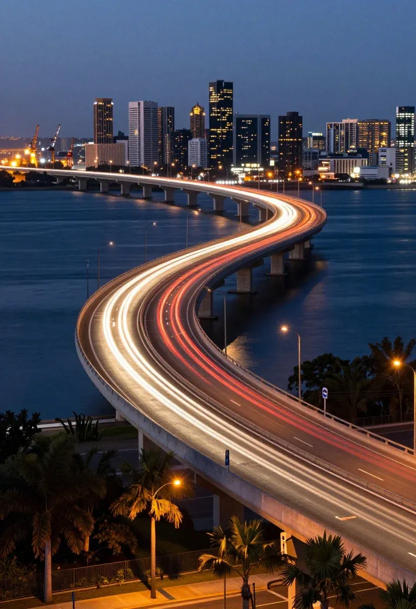 Sweeping High-angle View Curved Highway Bridge Twilight With Vibrant Light