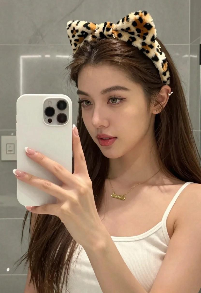 Young Woman With Long Brown Hair Taking Mirror Selfie While reference photo