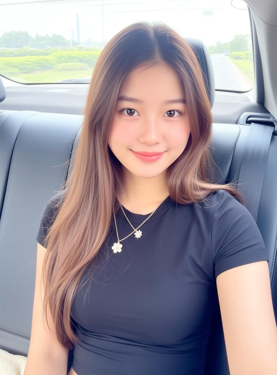 Woman In Car Backseat Black Crop Top