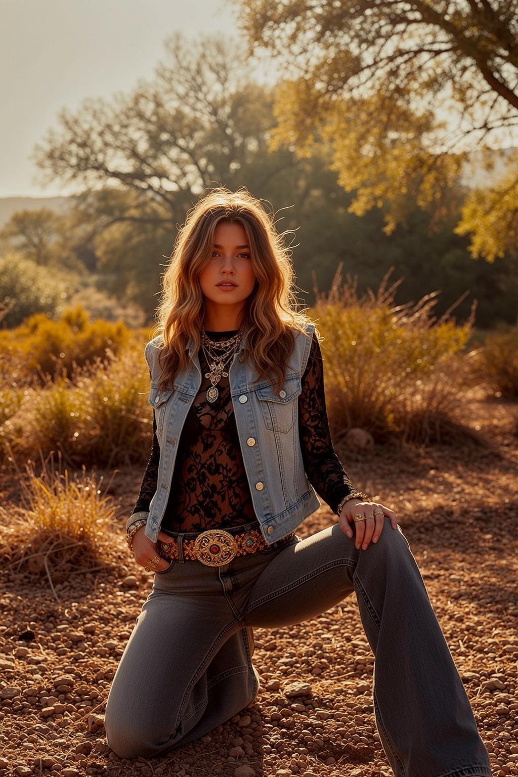 Cowgirl Kneeling One Knee Her Left Leg