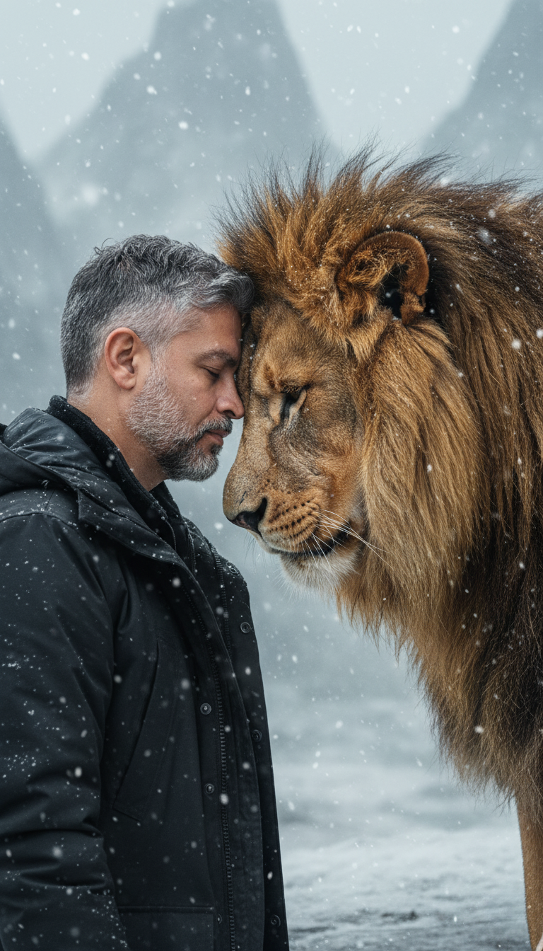 A serene man in a dark coat gently connecting with a majestic lion in light snow, embodying trust and tranquility amidst a misty landscape.