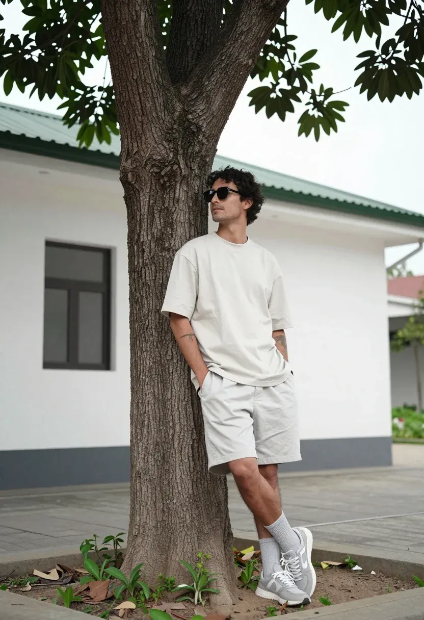 Man Leans Casually Against Large Tree Trunk Outdoor Setting Subject