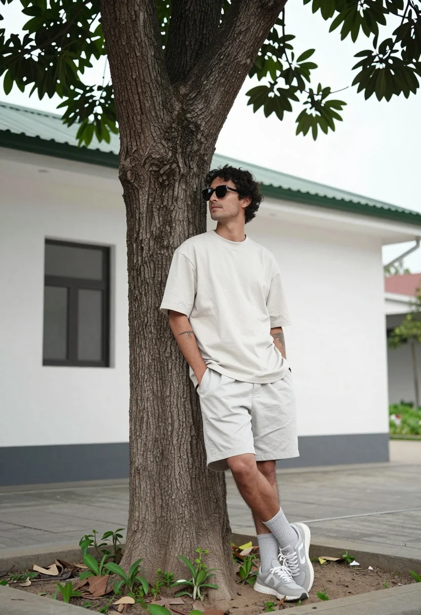 A man leans casually against a large tree trunk in soft natural light, showcasing textures of bark and clothing.