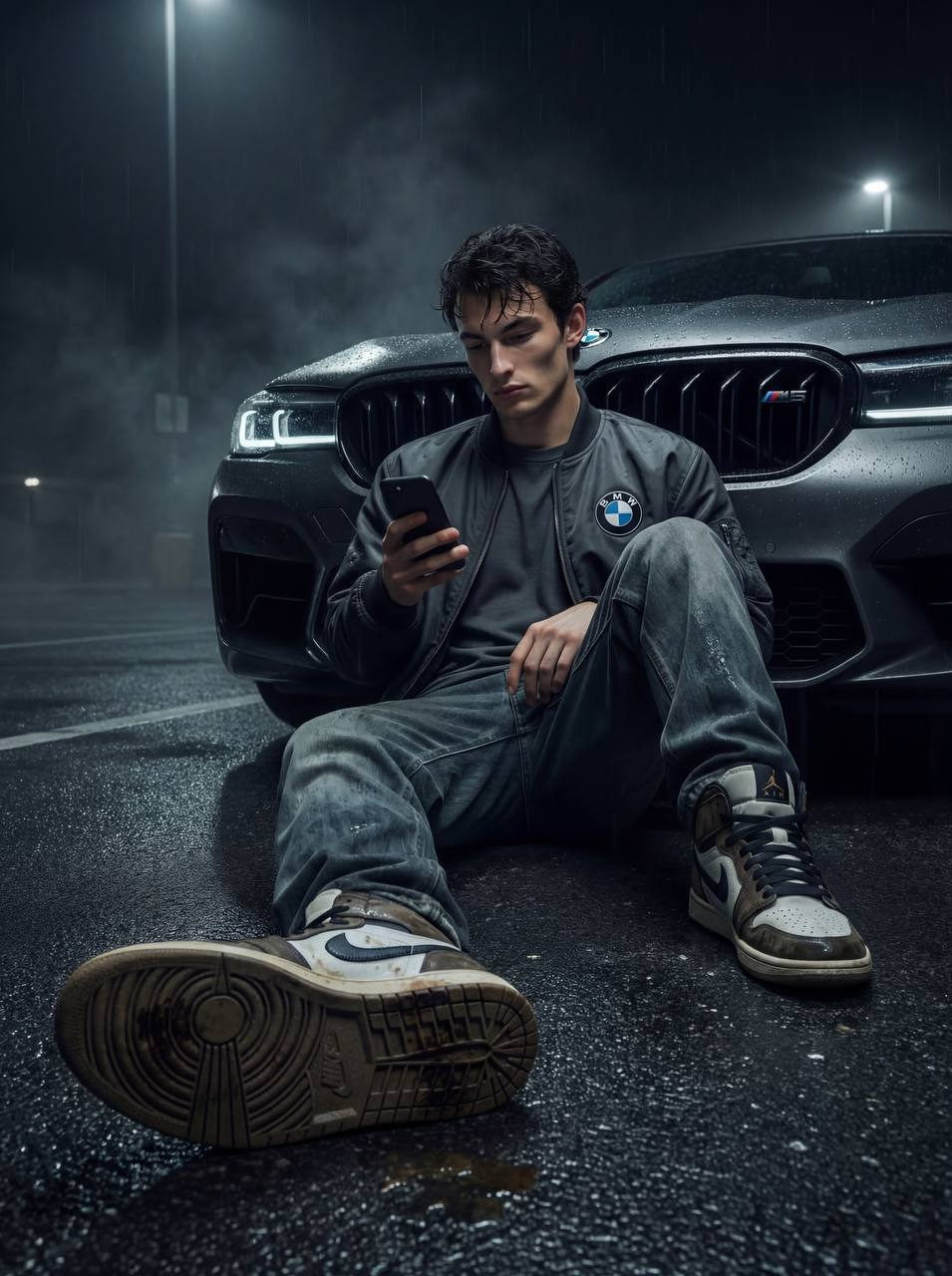 A young street racer in a bomber jacket leans against a wet BMW, gazing intently at a smartphone in a dimly lit parking lot.