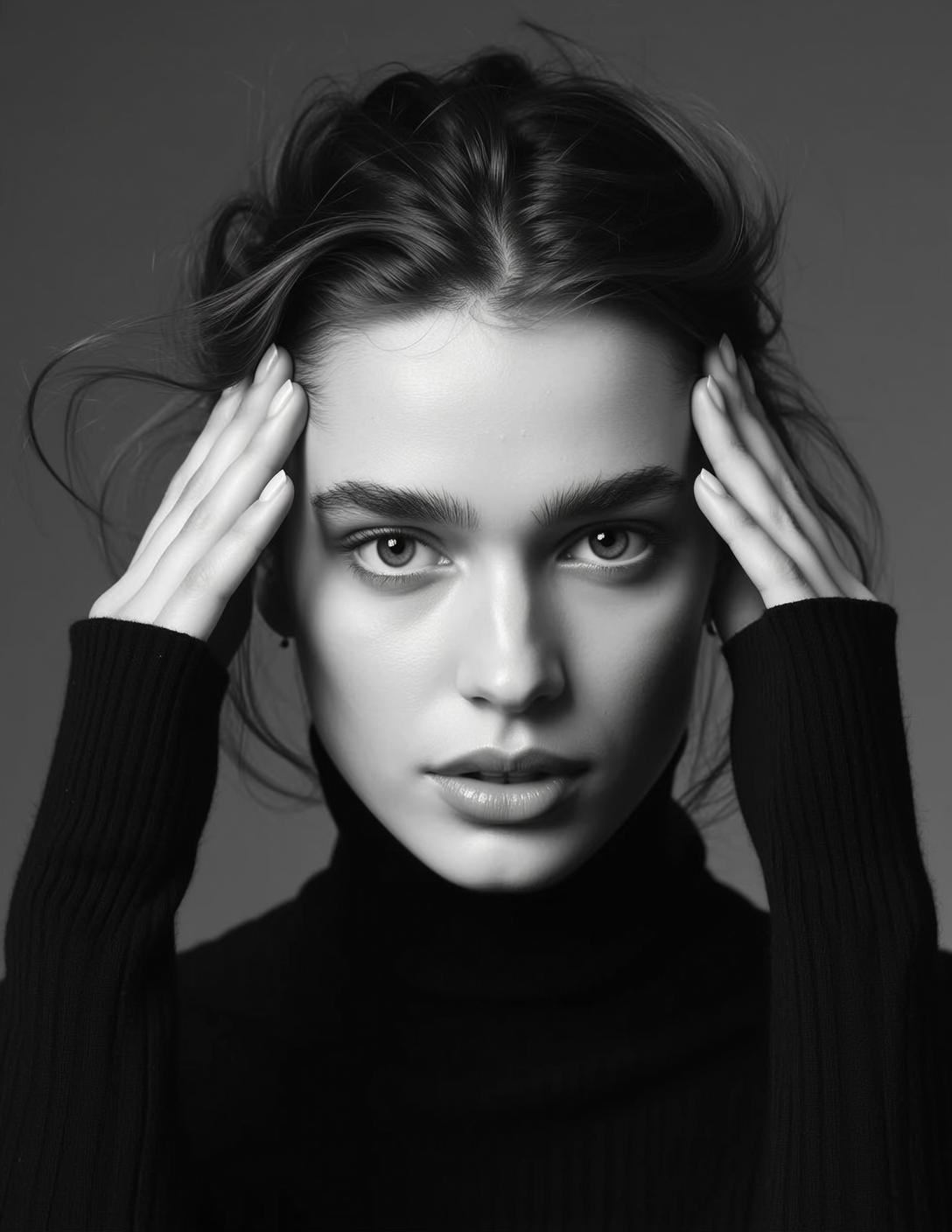 Headshot Portrait Young Woman With Her Hands Touching Her Temples