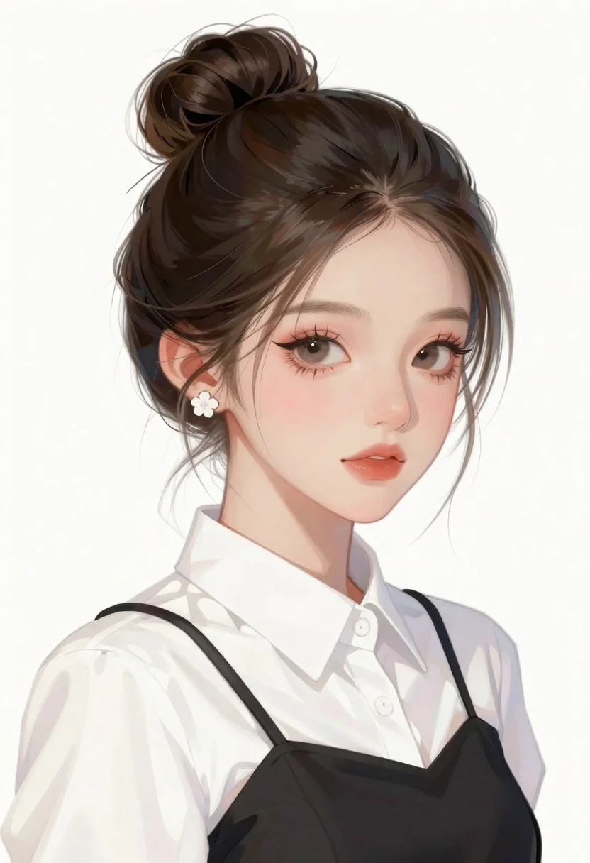 Digital Illustration Portrait Elegant Updo Floral Earrings White Collared Shirt reference photo