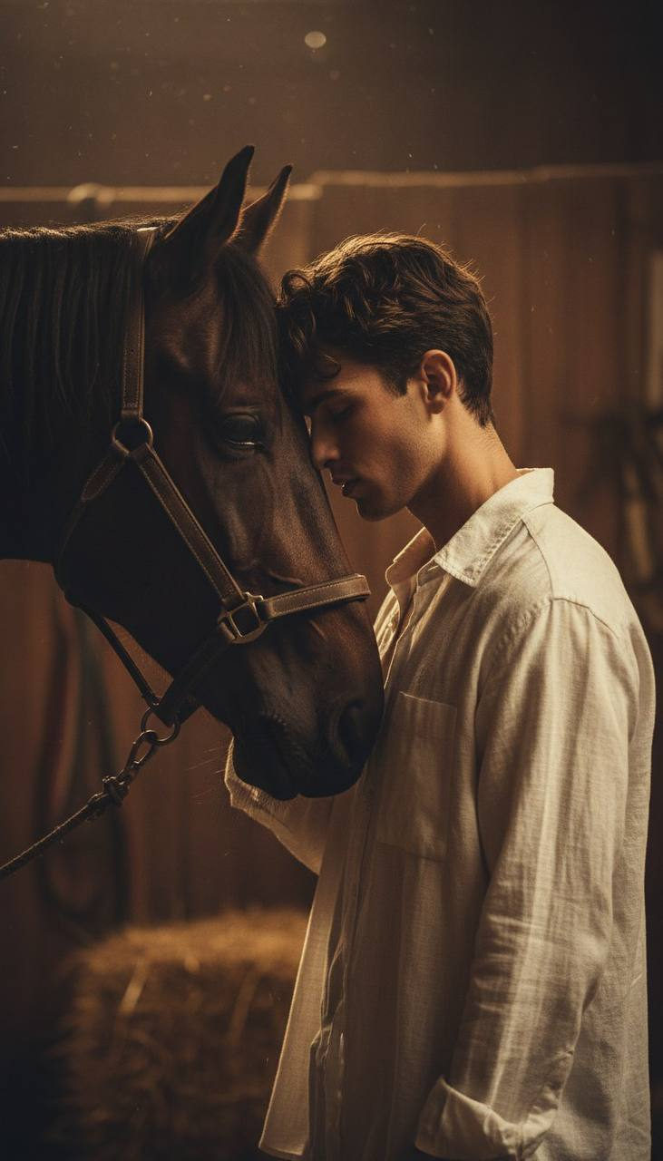 A young man gently leaning his forehead against a horse in a dimly lit stable, warm light highlighting their emotional connection.