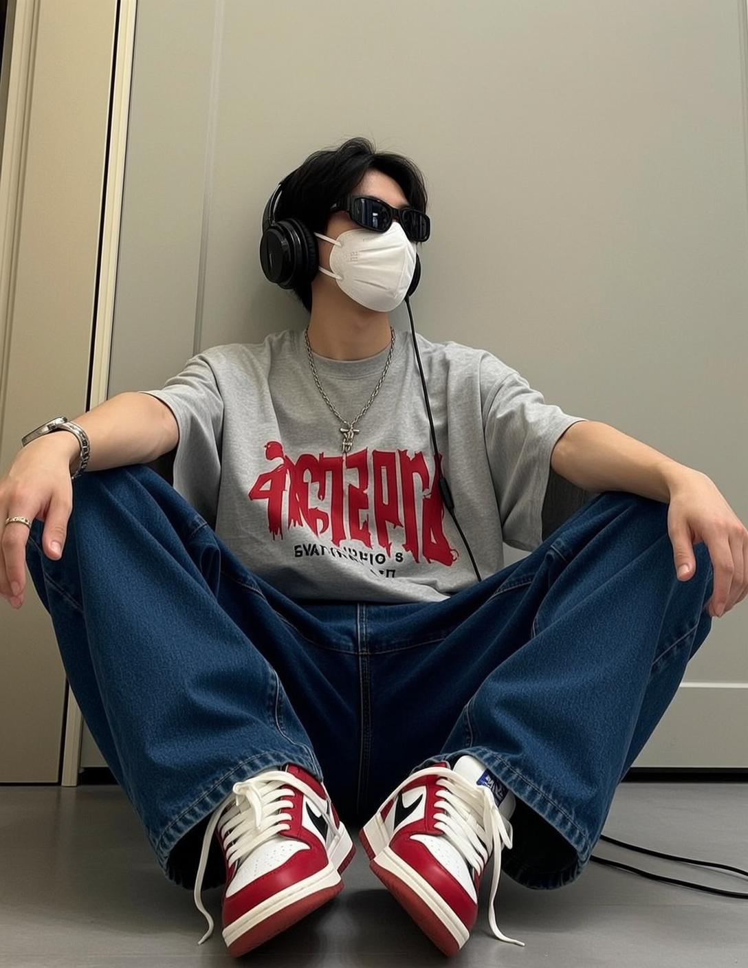 Cross Legged Headphones Wall Pose