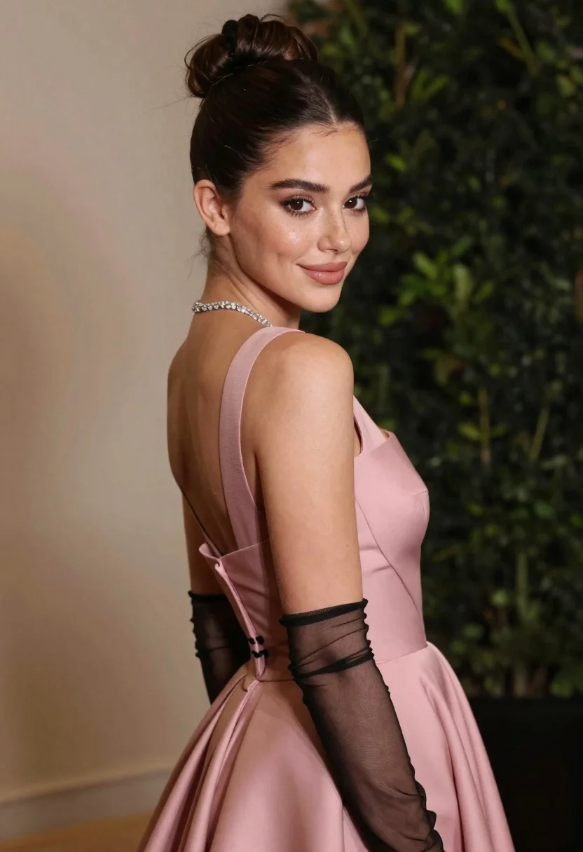 Glamorous Woman With Dark Hair Styled High Bun Looks Back reference photo