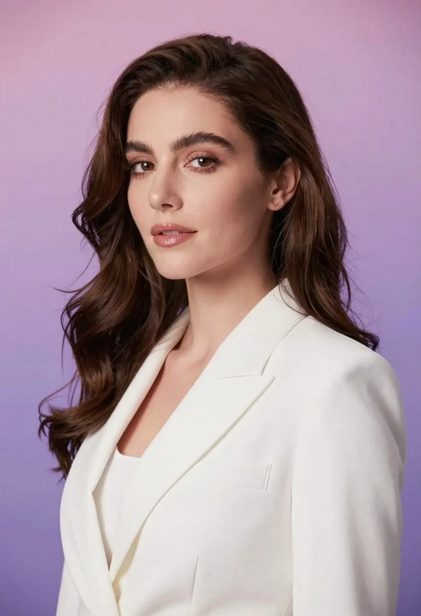 Confident Woman With Long Wavy Brown Hair And Soft Gaze reference photo