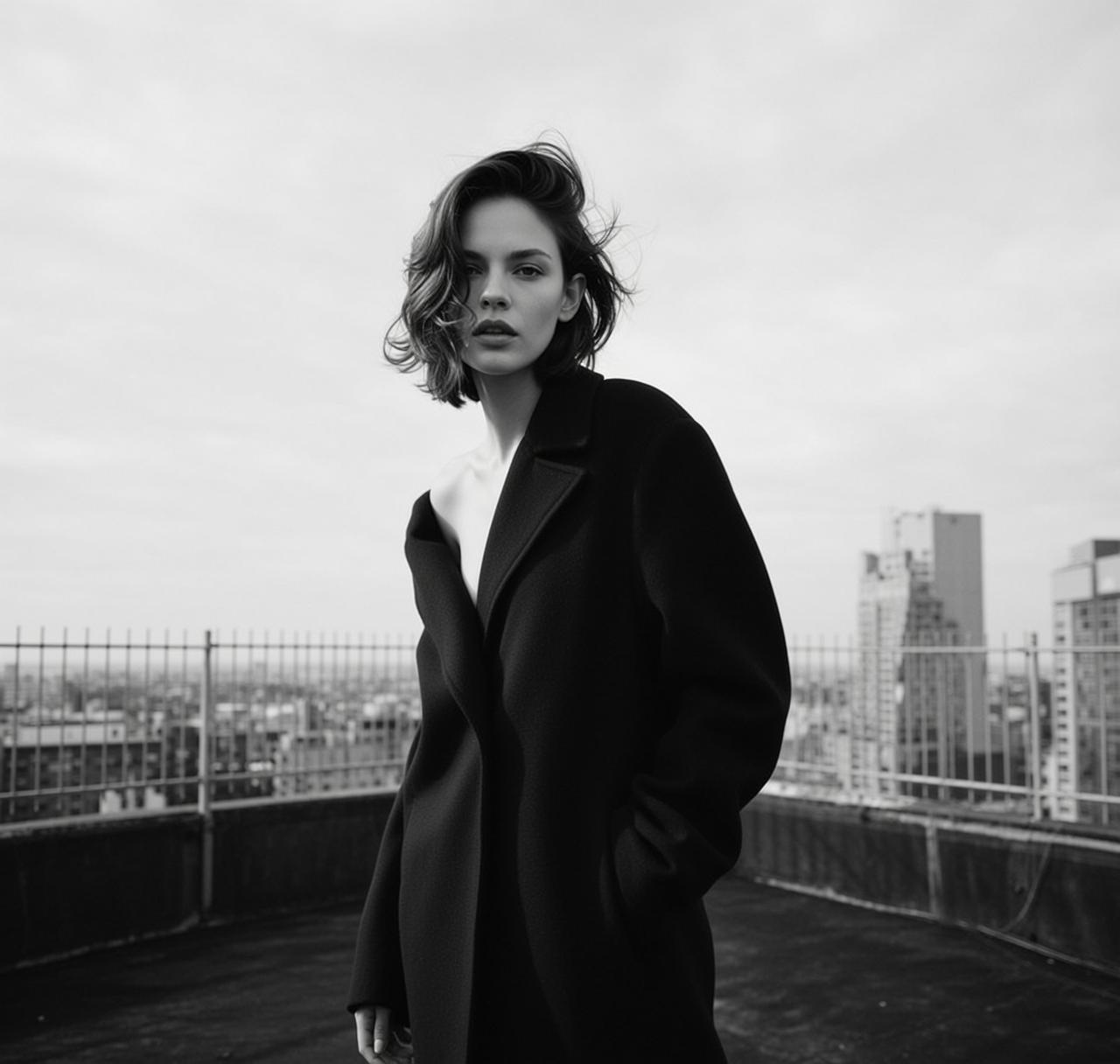 Full-shot Black And White Photorealistic Image Young Woman With Wavy