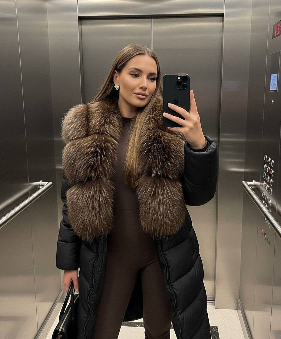 A woman in an elevator wearing a long quilted down jacket with a fluffy dark brown fur collar and holding an iPhone.