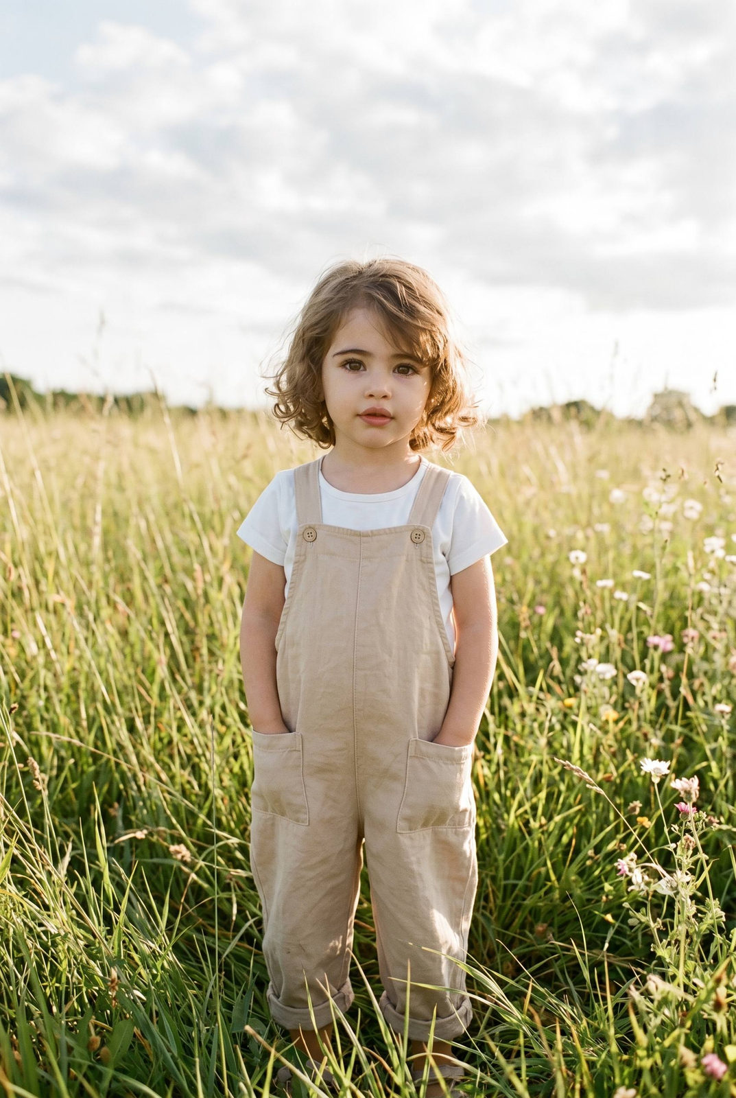 A girl wearing loose beige overalls standing in tall grass under a cloudy summer sky, creating a documentary-style image.