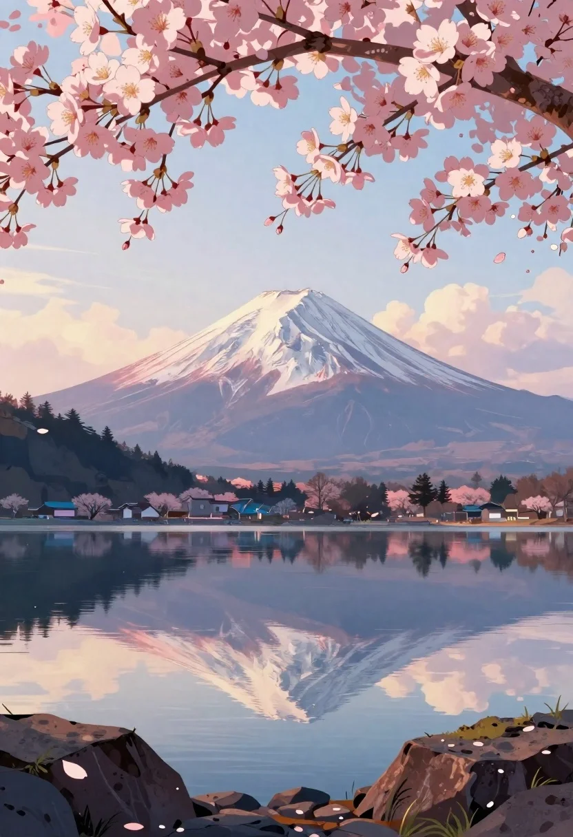 Digital Painting Serene Spring Landscape With Cherry Blossoms Framing Tranquil reference photo