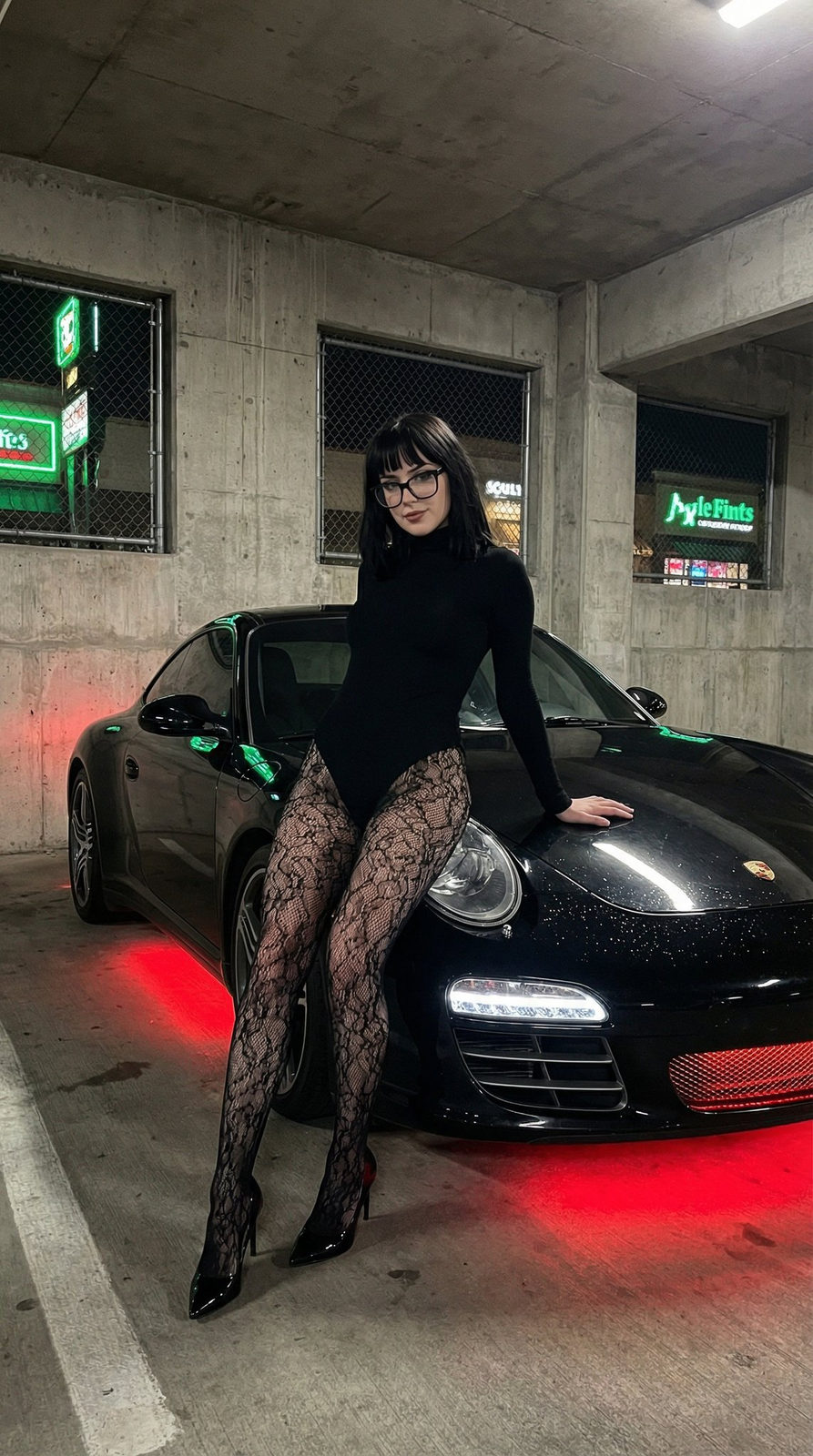 Close-up portrait of a young woman in a parking garage beside a black Porsche, featuring sharp bangs and glossy lips.