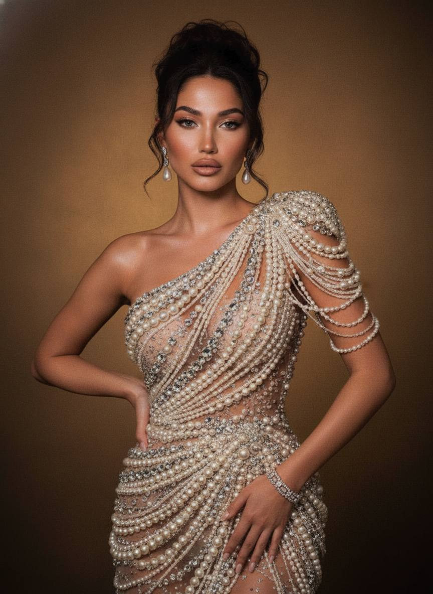 A radiant woman in a sculptural dress made of pearl strands and crystals, set against a soft, golden-brown backdrop.