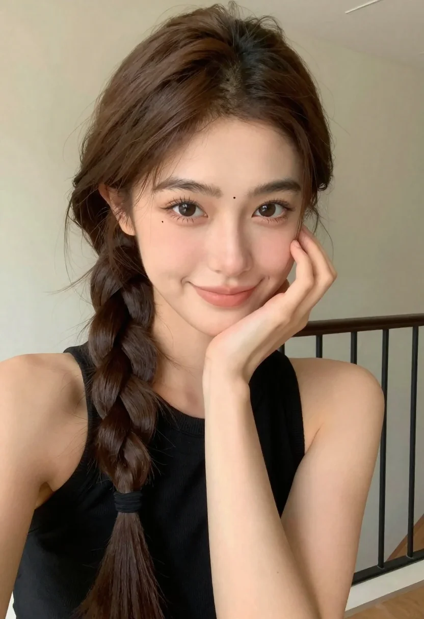 Close-up Portrait Young Woman With Long Brown Hair Styled Side reference photo