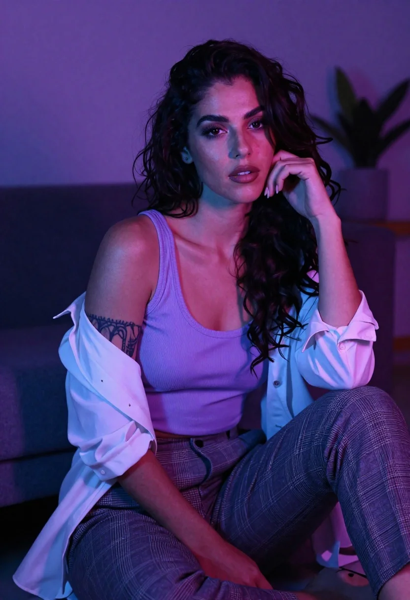 Confident Woman With Long Dark Wavy Hair Sits Casually Dimly reference photo
