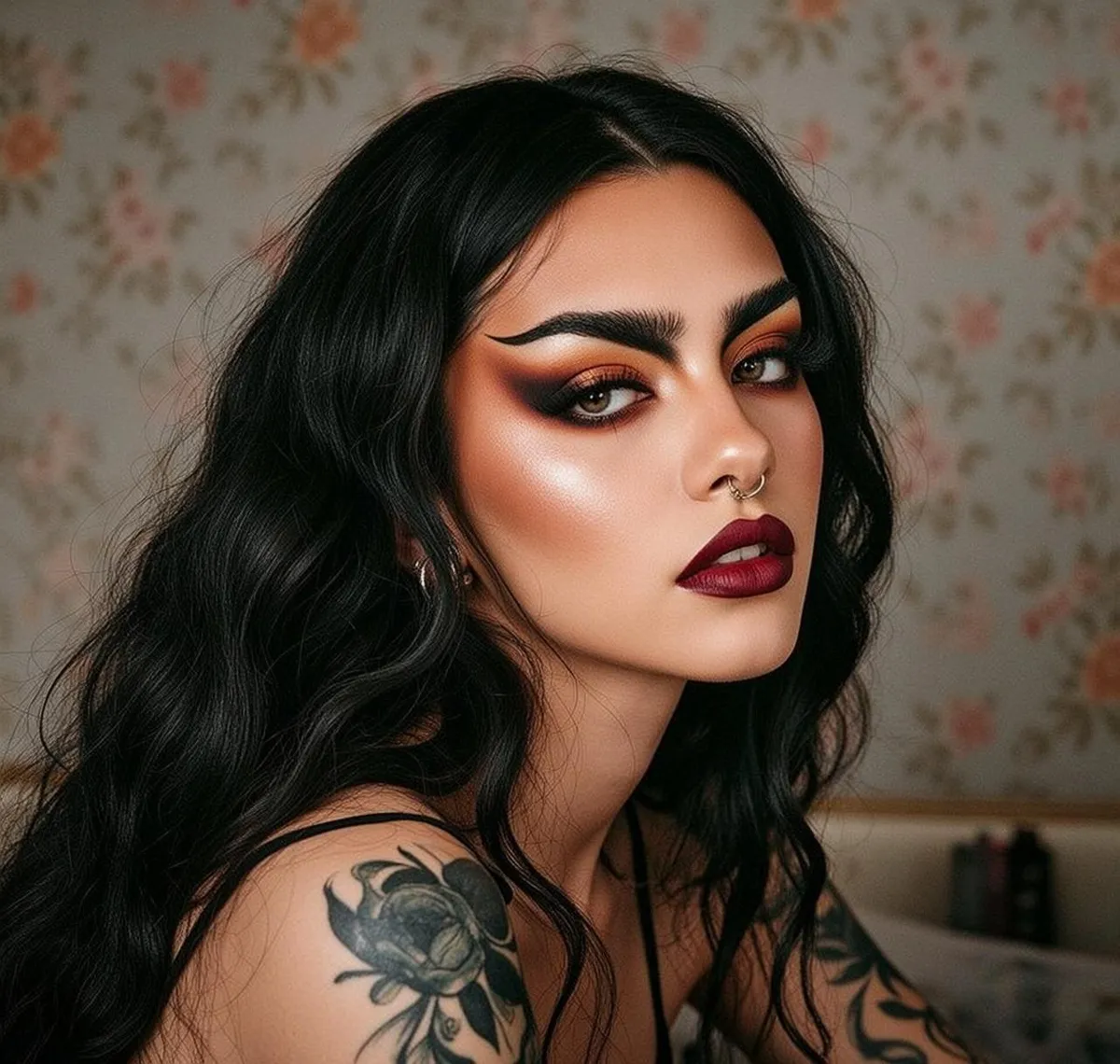 Tattoos And Piercings And Earrings In Bedroom Portrait