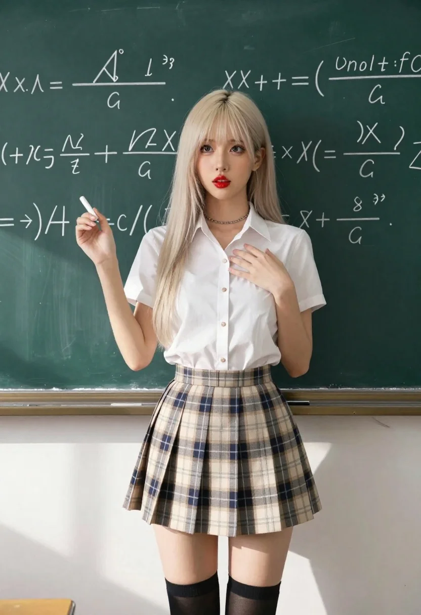 Digital Photograph Woman Classroom Setting Standing Before Chalkboard Filled With reference photo